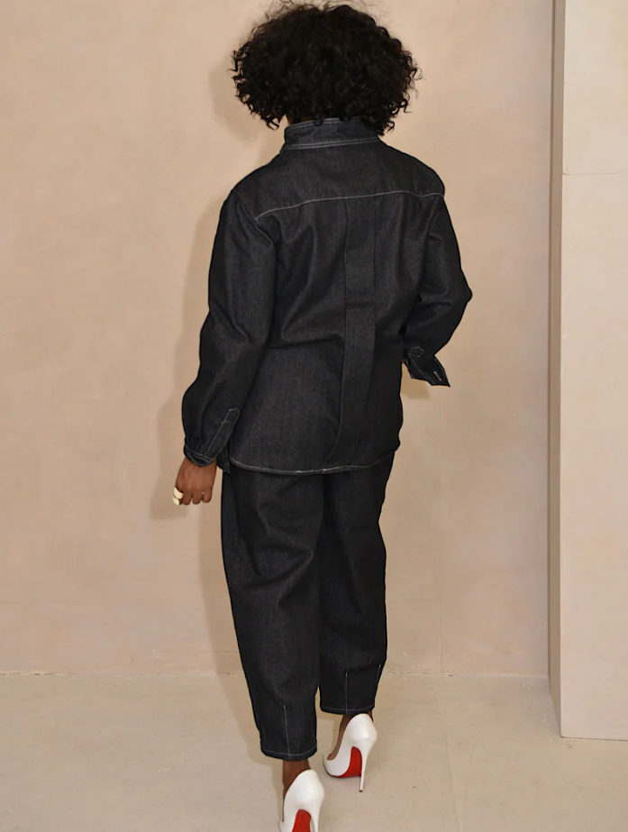 Denim Stand Collar Pockets Two Pieces Set