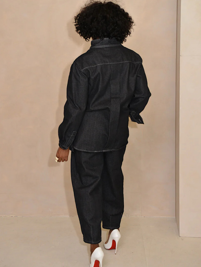 Denim Stand Collar Pockets Two Pieces Set