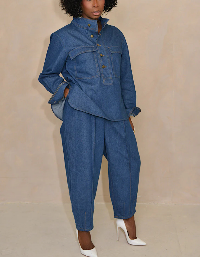 Denim Stand Collar Pockets Two Pieces Set