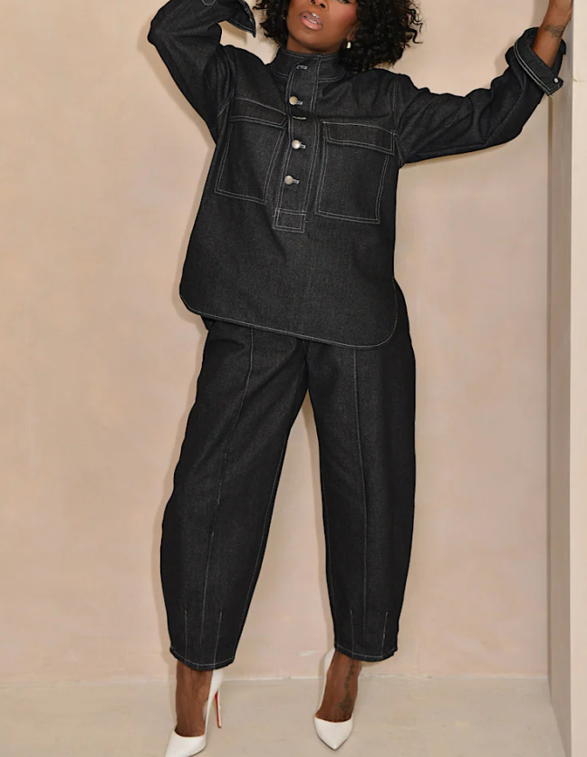 Denim Stand Collar Pockets Two Pieces Set