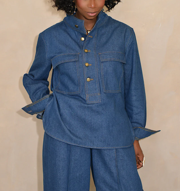 Denim Stand Collar Pockets Two Pieces Set
