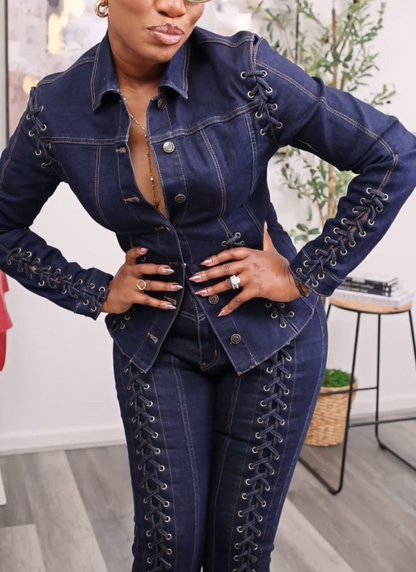 Off-shoulder Cross-strap Collar Fitted Denim Suit