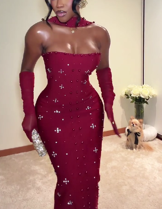 Sleeveless Pearl Wine Bandage Maxi Dress