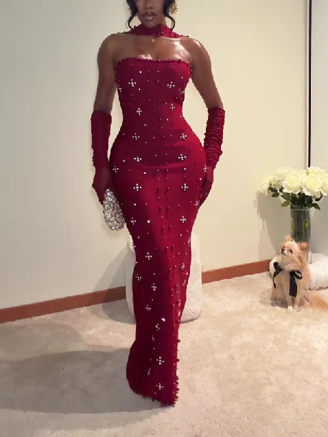 Sleeveless Pearl Wine Bandage Maxi Dress