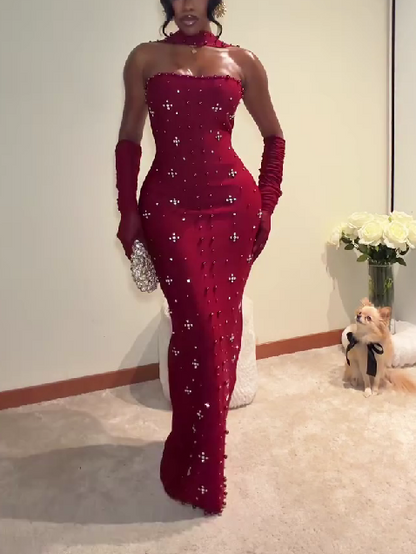 Sleeveless Pearl Wine Bandage Maxi Dress