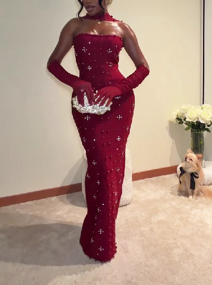 Sleeveless Pearl Wine Bandage Maxi Dress