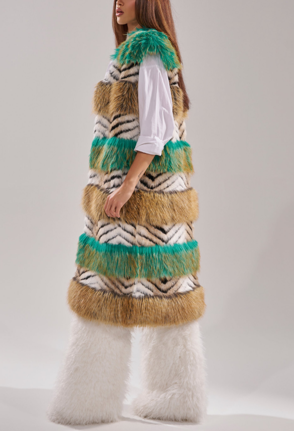 Faux Fur Multicolor Striped Sleeveless Coat