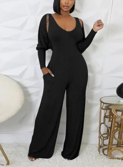 Long Sleeve Cape-style Vest Jumpsuit Set
