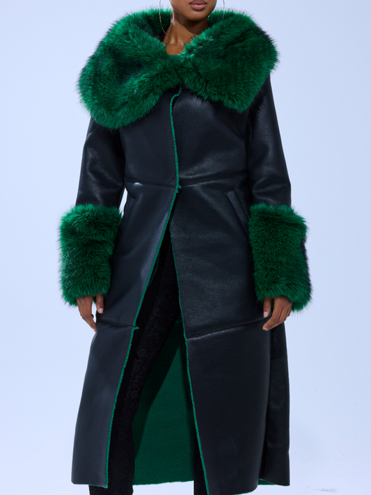 Green Fur-Trim Faux Leather Coat