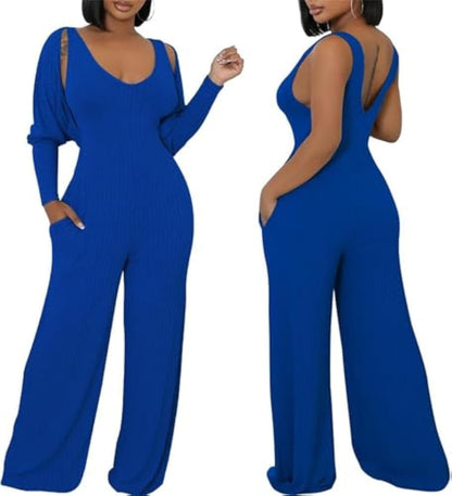 Long Sleeve Cape-style Vest Jumpsuit Set