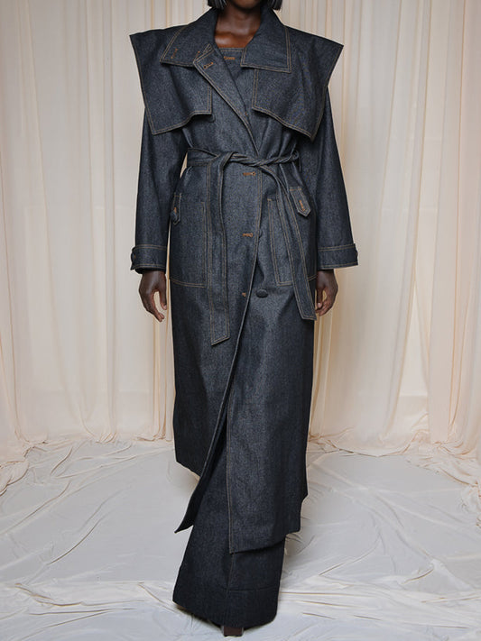 Fashion Lapel Tie Denim Trench Coat
