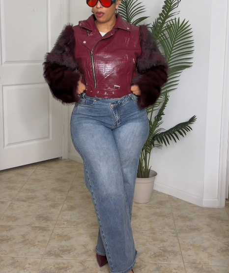Burgundy Fox Fur Paneled Leather Jacket