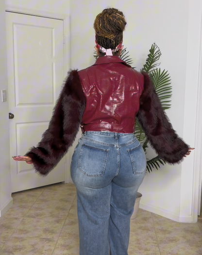 Burgundy Fox Fur Paneled Leather Jacket