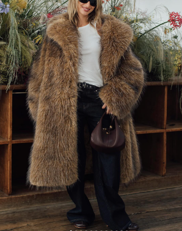 Notched-lapel Faux Fur Long Coat