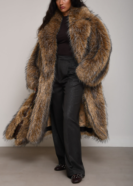 Notched-lapel Faux Fur Long Coat
