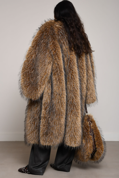 Notched-lapel Faux Fur Long Coat