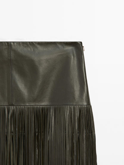 Leather Midi Skirt With Fringing