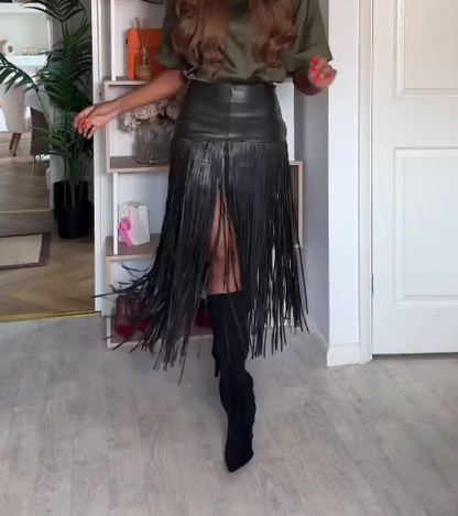 Leather Midi Skirt With Fringing