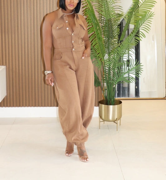 Halter Neck Button-Down Wide Leg Jumpsuit