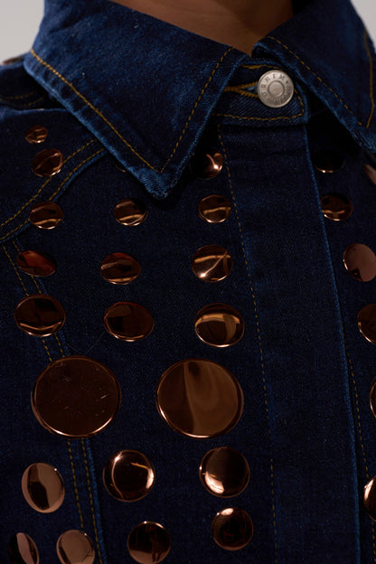Round Metal Decoration Denim Suit