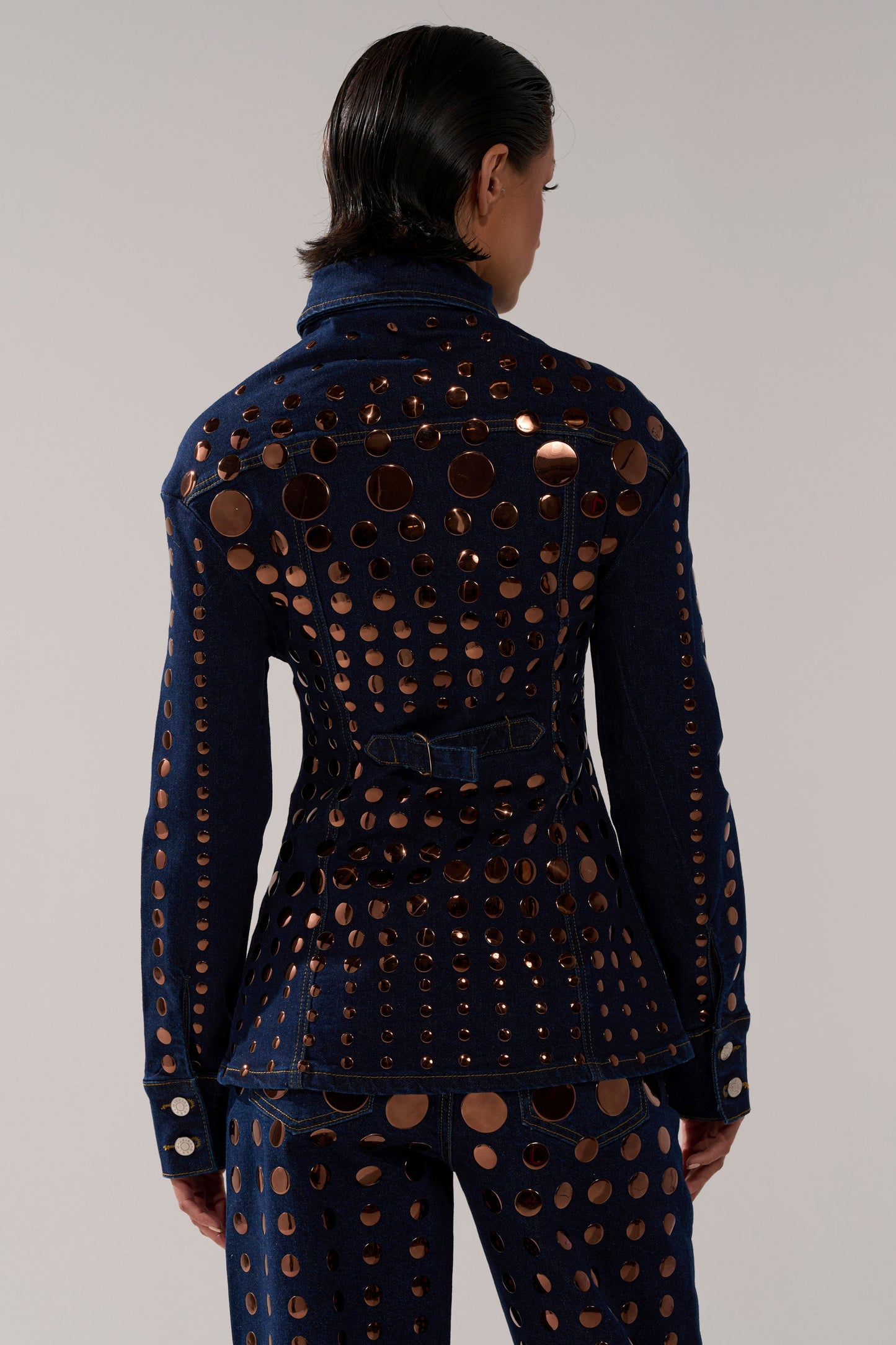 Round Metal Decoration Denim Suit