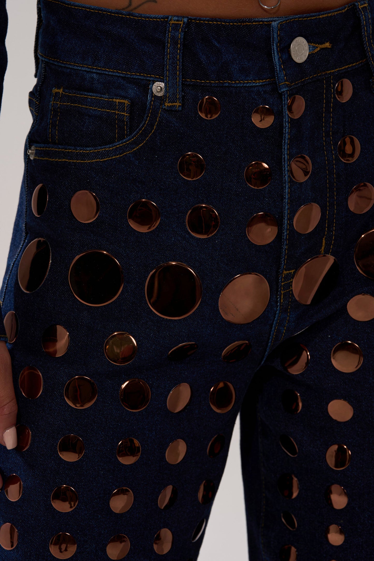 Round Metal Decoration Denim Suit