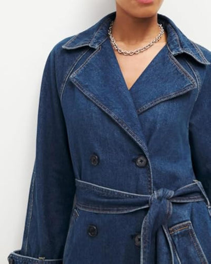 Double Breasted Denim Trench Coat With Belt
