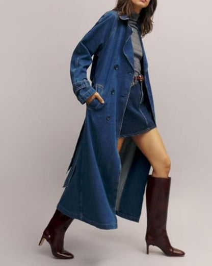 Double Breasted Denim Trench Coat With Belt