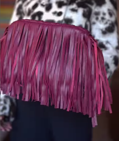 Burgundy Genuine Leather Fringed Framed Clutch