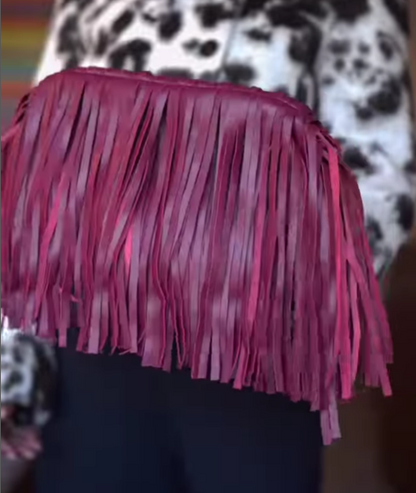 Burgundy Genuine Leather Fringed Framed Clutch