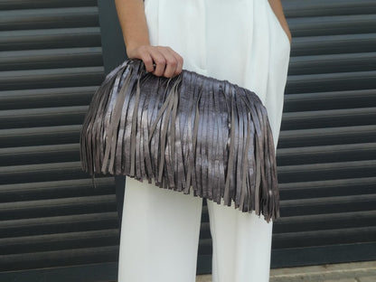 Burgundy Genuine Leather Fringed Framed Clutch