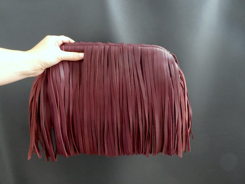 Burgundy Genuine Leather Fringed Framed Clutch