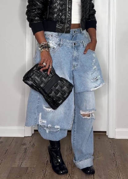 Double-belted Ripped Frayed Jeans