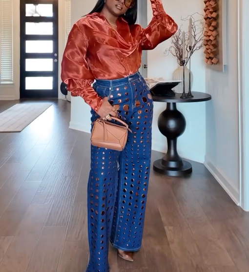 Round Metal Decoration Denim Pant