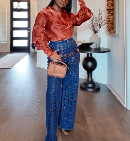 Round Metal Decoration Denim Pant