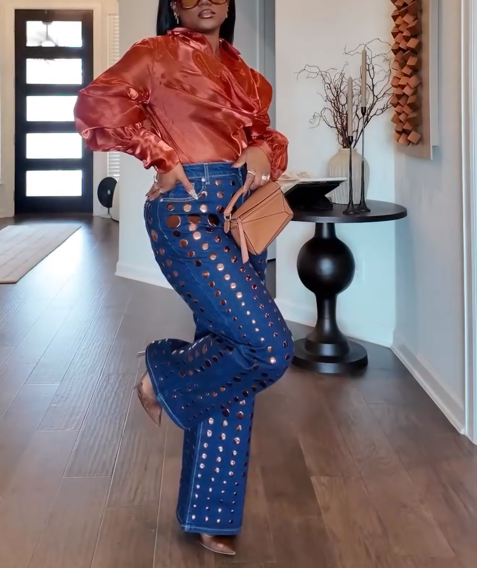 Round Metal Decoration Denim Pant