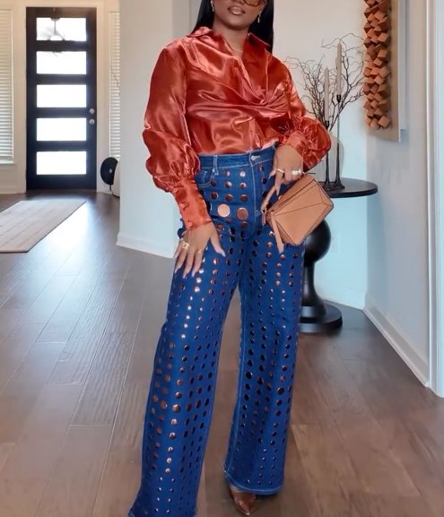 Round Metal Decoration Denim Pant