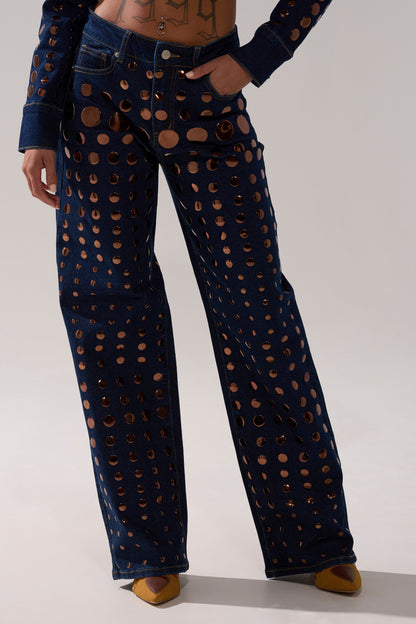 Round Metal Decoration Denim Pant