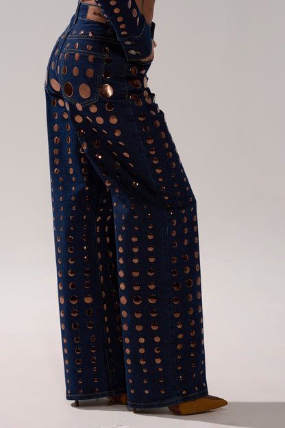 Round Metal Decoration Denim Pant