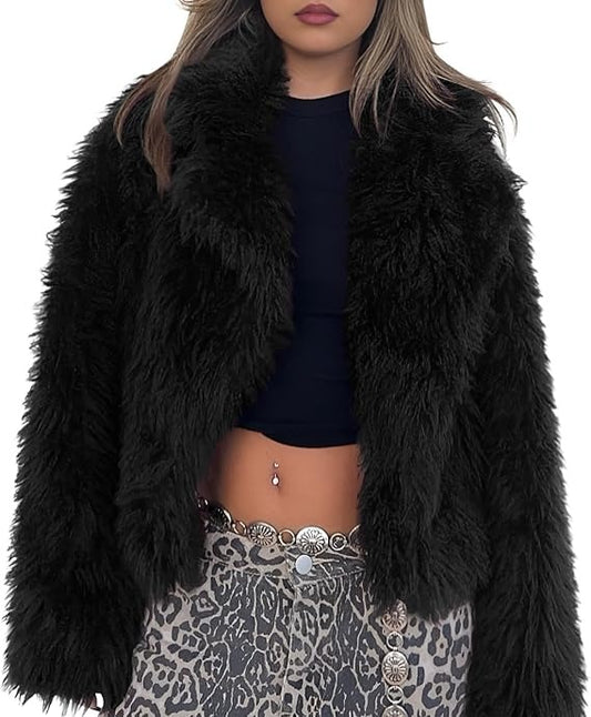 Women's Fluffy Faux Fur Cropped Coat