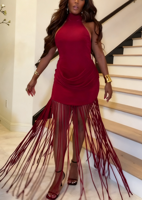 Halter Neck Backless Dress With Tassel Hem