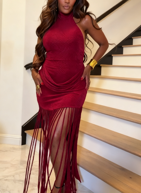 Halter Neck Backless Dress With Tassel Hem