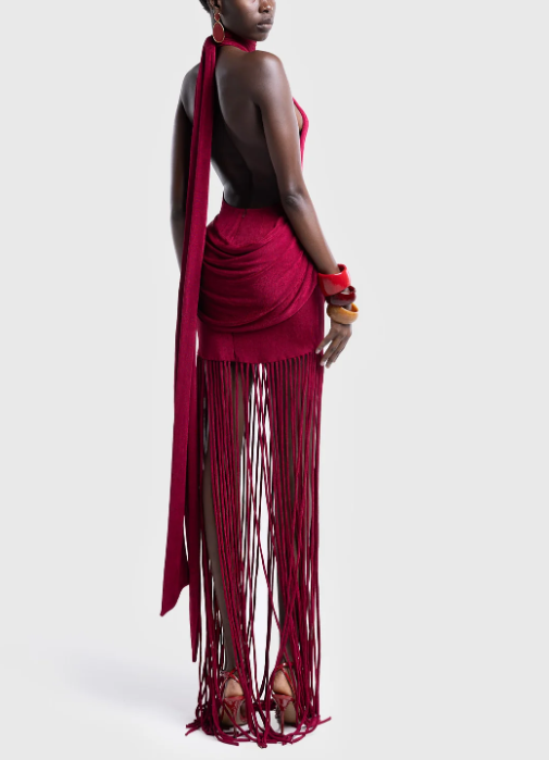 Halter Neck Backless Dress With Tassel Hem