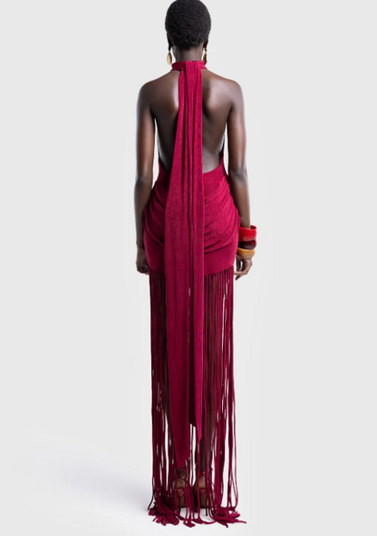 Halter Neck Backless Dress With Tassel Hem