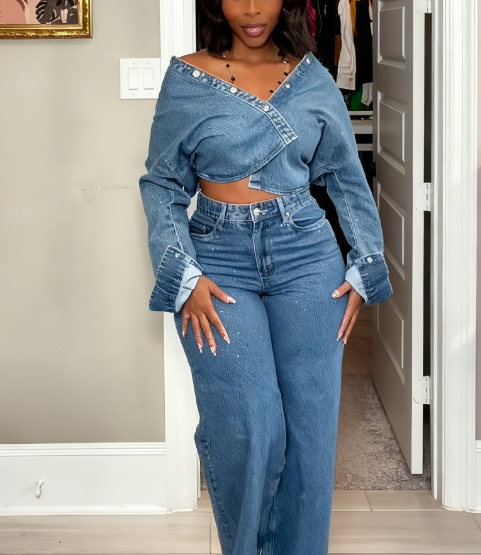 Rhinestone Embellished Cotton Denim Suit