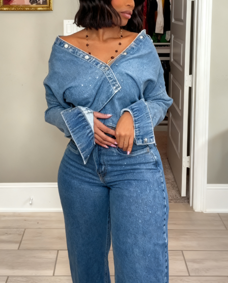 Rhinestone Embellished Cotton Denim Suit