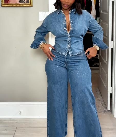 Rhinestone Embellished Cotton Denim Suit