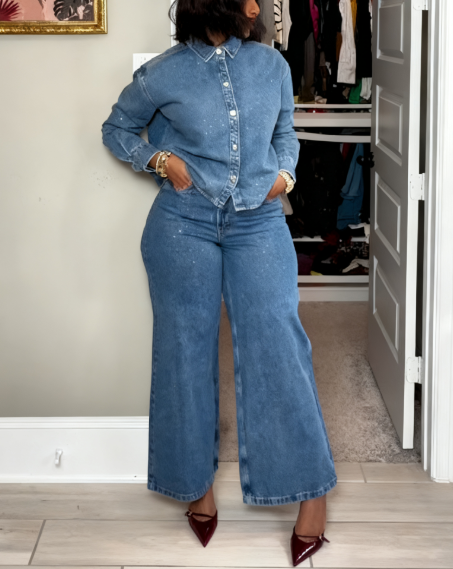 Rhinestone Embellished Cotton Denim Suit
