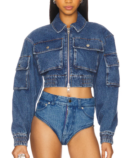 Cropped Denim Bomber Jacket