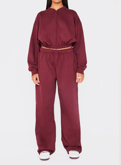 Drawcord Waist Cropped Zip Up Sweatshirt Suit